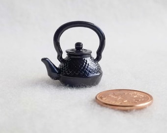 Miniature Metal Dollhouse Kettle, Black-Brown with Textured Sides, MK108D