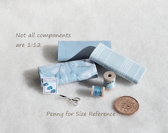 Miniature Sewing Accessory Bundle, AQUA, Dollhouse Fabric Bolts, Scissors, Buttons, Thread, MS112K