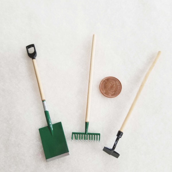 Tiny GREEN Miniature Garden Tools 3pc set, Miniature Shovel, Hoe and Rake, MG136