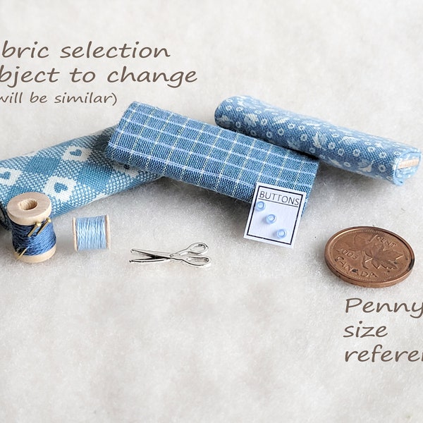 Miniature Sewing Accessory Bundle, BLUE, Dollhouse Fabric Bolts, Scissors, Buttons, Thread, MS112A