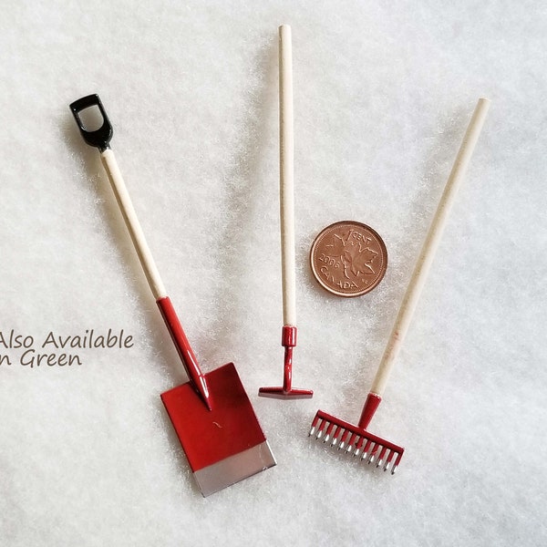 Tiny RED Miniature Garden Tools 3pc set, Miniature Shovel, Hoe and Rake, MG136R
