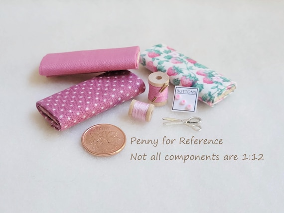Miniature Sewing Accessory Bundle, PINK, Dollhouse Fabric Bolts, Scissors, Buttons, Thread, MS112C