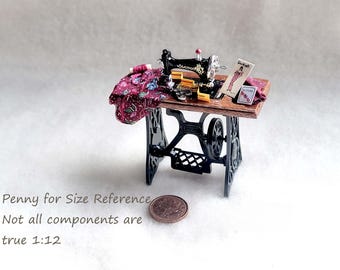 Miniature Dollhouse Sewing Table, BURGUNDY, Decorated and Accessorized, MS115F