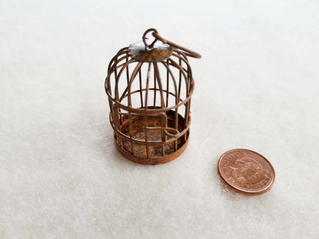 Miniature Rusted Bird Cage With Swing, Dollhouse Birdcage, Mini Rusty