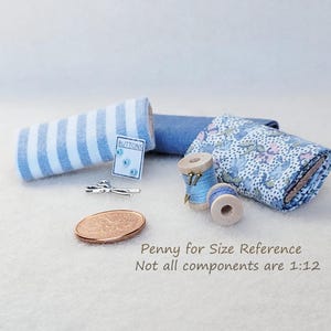 Miniature Sewing Accessory Bundle, BLUE, Dollhouse Fabric Bolts, Scissors, Buttons, Thread, MS112A
