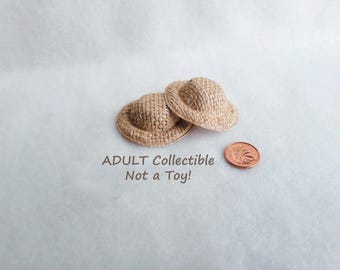 Miniature Doll Woven "Straw-Like" Hats, 2pc, for Adult Collectors, NOT a Toy!  MH105