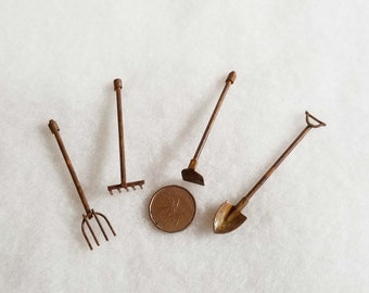 Miniature Rusty Garden Tools, 2.5", Miniature Rake, Hoe, Shovel and Pitchfork, 4pc set, MG140