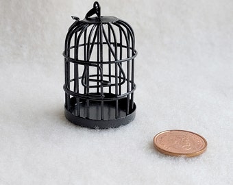 Miniature Black Bird Cage with Swing, Dollhouse Birdcage, MM150B