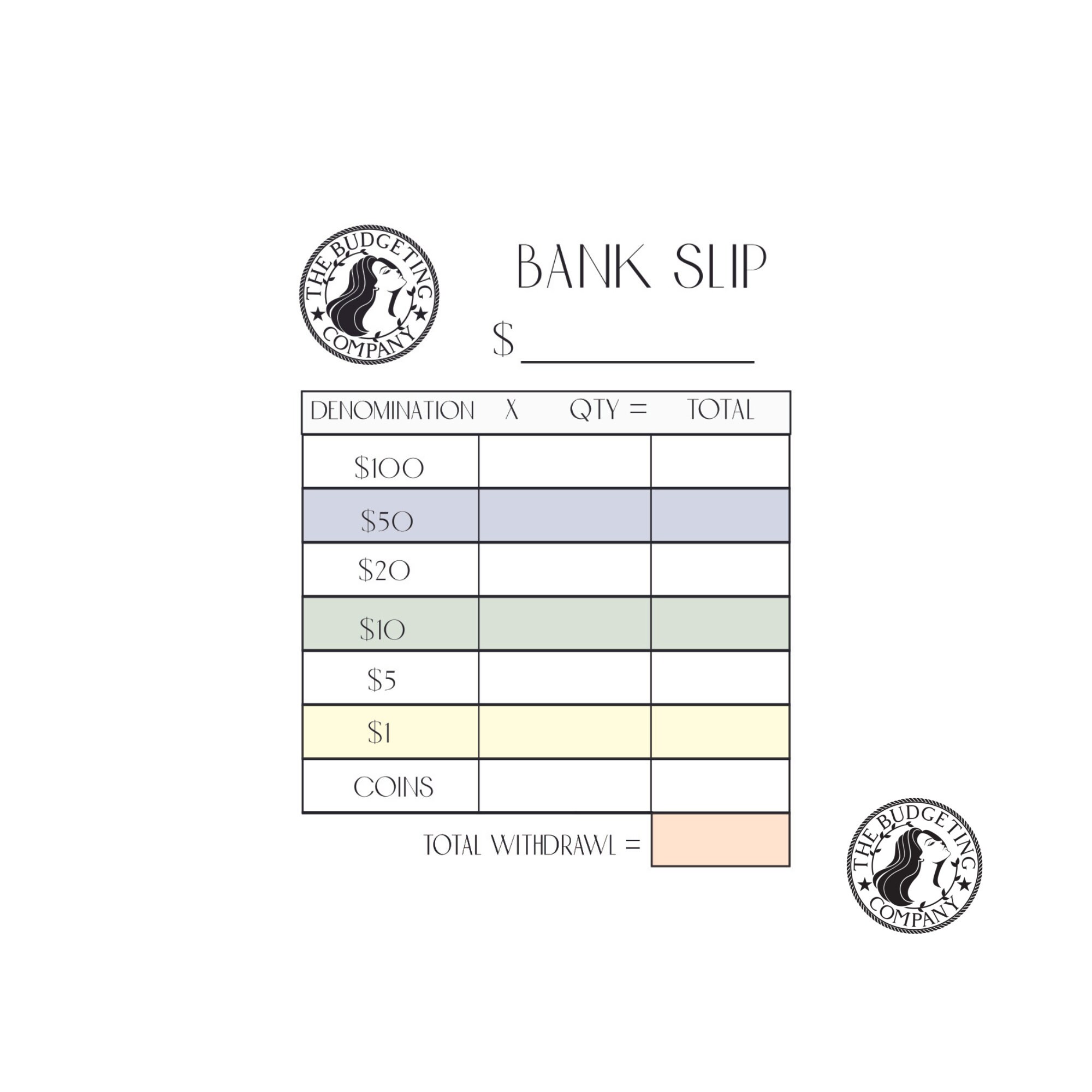 Cash Breakdown, Teller Slips, Bank Slip, Cash Withdraw Slip, Reusable