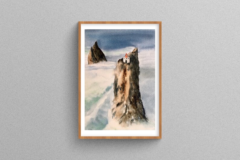 Lighthouse Cliff Watercolor Giclee Print \u2022 Iceland Sea Wall Art \u2022 Seascape Artwork \u2022 Ocean Rock Minimalist Poster \u2022 Landscape Artwork