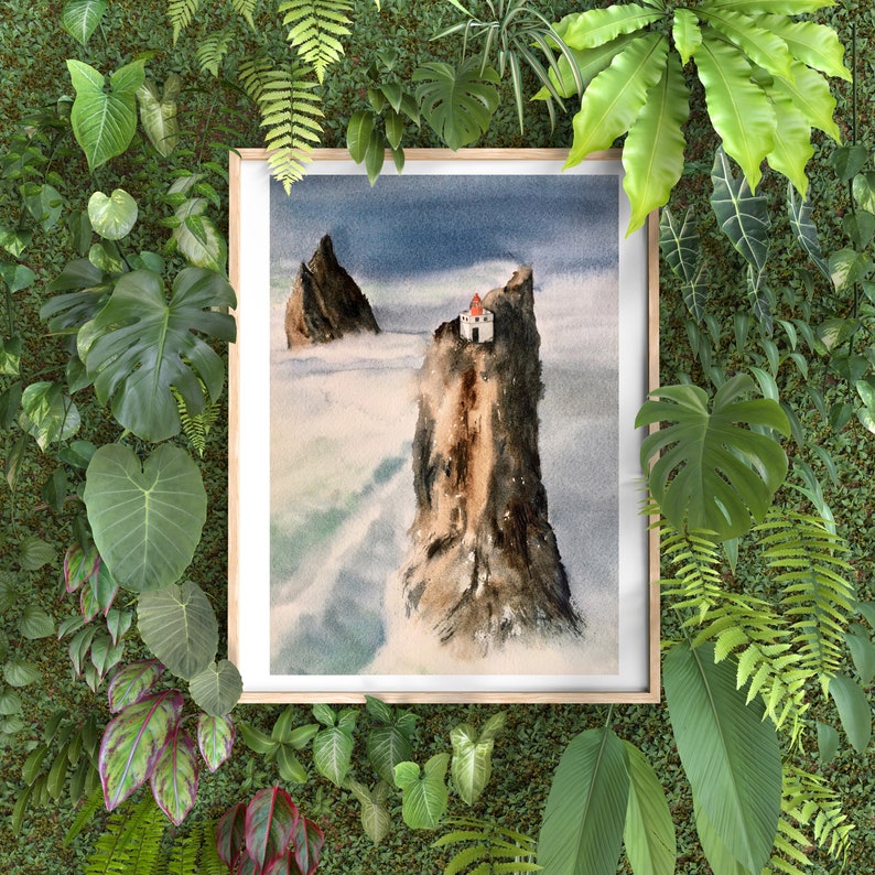Lighthouse Cliff Watercolor Giclee Print \u2022 Iceland Sea Wall Art \u2022 Seascape Artwork \u2022 Ocean Rock Minimalist Poster \u2022 Landscape Artwork