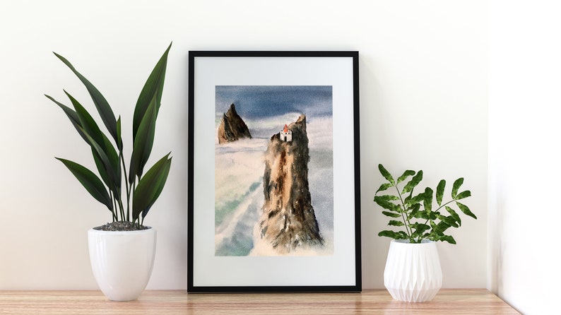 Lighthouse Cliff Watercolor Giclee Print \u2022 Iceland Sea Wall Art \u2022 Seascape Artwork \u2022 Ocean Rock Minimalist Poster \u2022 Landscape Artwork