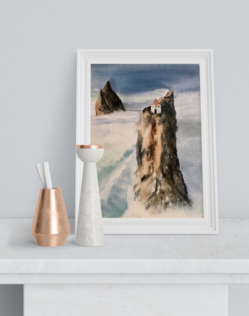 Lighthouse Cliff Watercolor Giclee Print \u2022 Iceland Sea Wall Art \u2022 Seascape Artwork \u2022 Ocean Rock Minimalist Poster \u2022 Landscape Artwork
