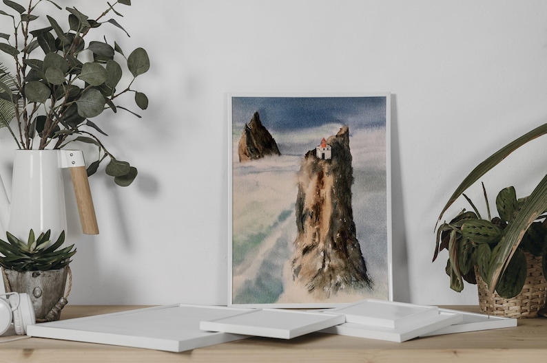 Lighthouse Cliff Watercolor Giclee Print \u2022 Iceland Sea Wall Art \u2022 Seascape Artwork \u2022 Ocean Rock Minimalist Poster \u2022 Landscape Artwork