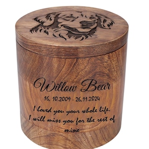Custom Pet Portrait Engraved Wooden Urn Box for ashes, Cremation Dog Urn for Ashes
