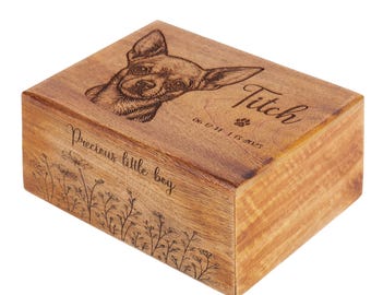 Engraved Wooden Pet Urn for dog and cat ashes with Photo, Memorial Keepsake Box