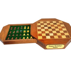 Juego de ajedrez octogonal personalizado de 9 pulgadas, tablero de ajedrez de viaje con pieza de ajedrez, juego de ajedrez magnético de madera, cajón para guardar piezas de ajedrez