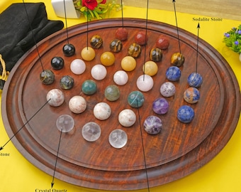 Solitaire Board Game Marble balls, Rosewood Game & 37 Natural stones balls, Personalized game set, Antique Design Anniversary Birthday Gifts