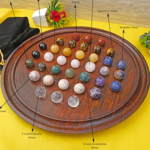 Juego de mesa solitario Bolas de mármol, Juego de palisandro y 37 bolas de piedras naturales, Juego personalizado, Regalos de cumpleaños de aniversario de diseño antiguo