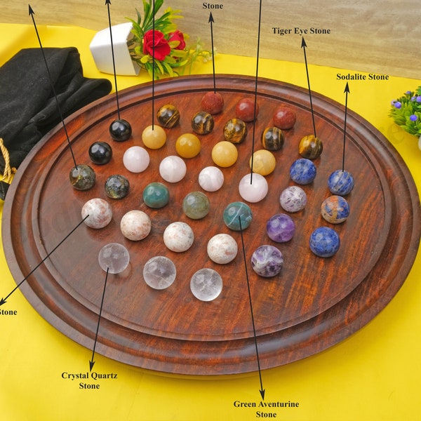 Solitaire Board Game Marble balls, Rosewood Game & 37 Natural stones balls, Personalized game set, Antique Design Anniversary Birthday Gifts