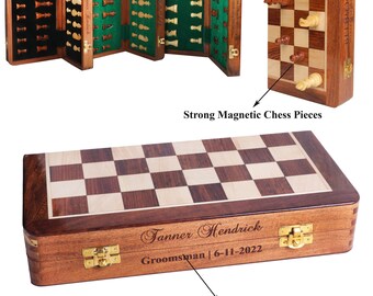 Magnetic Chess Board in Solid Wood - A Handmade and Foldable Travel Chess Set with Velvet Bags | Personalised wedding gift couple unique