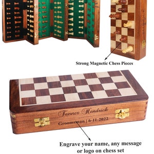 Magnetic Chess Board in Solid Wood - A Handmade and Foldable Travel Chess Set with Velvet Bags | Personalised wedding gift couple unique
