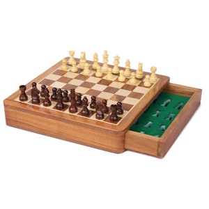 Custom Wooden Chess Set with drawer, Unique Magnetic Board and pieces, 5&quot; to 12&quot;