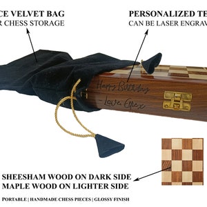 May include: A wooden chess set with a glossy finish. The chess board is made of sheesham and maple wood. The set includes a black velvet bag for storage. The box has engraved text that reads "Happy Birthday - Love, Elpex".