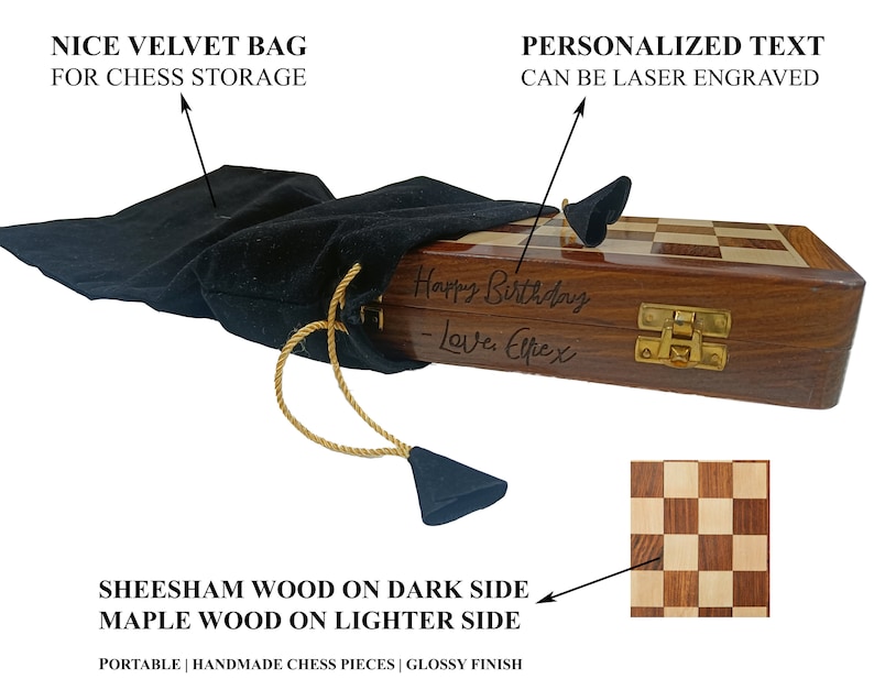 May include: A wooden chess set with a glossy finish. The chess board is made of sheesham and maple wood. The set includes a black velvet bag for storage. The box has engraved text that reads "Happy Birthday - Love, Elpex".