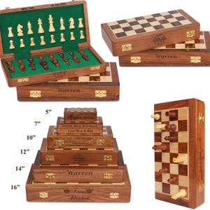 May include: Wooden chess sets in various sizes. One set is open, revealing green felt and chess pieces. Other sets are closed, with names and dates engraved on the boxes. The largest box is 16 inches wide.