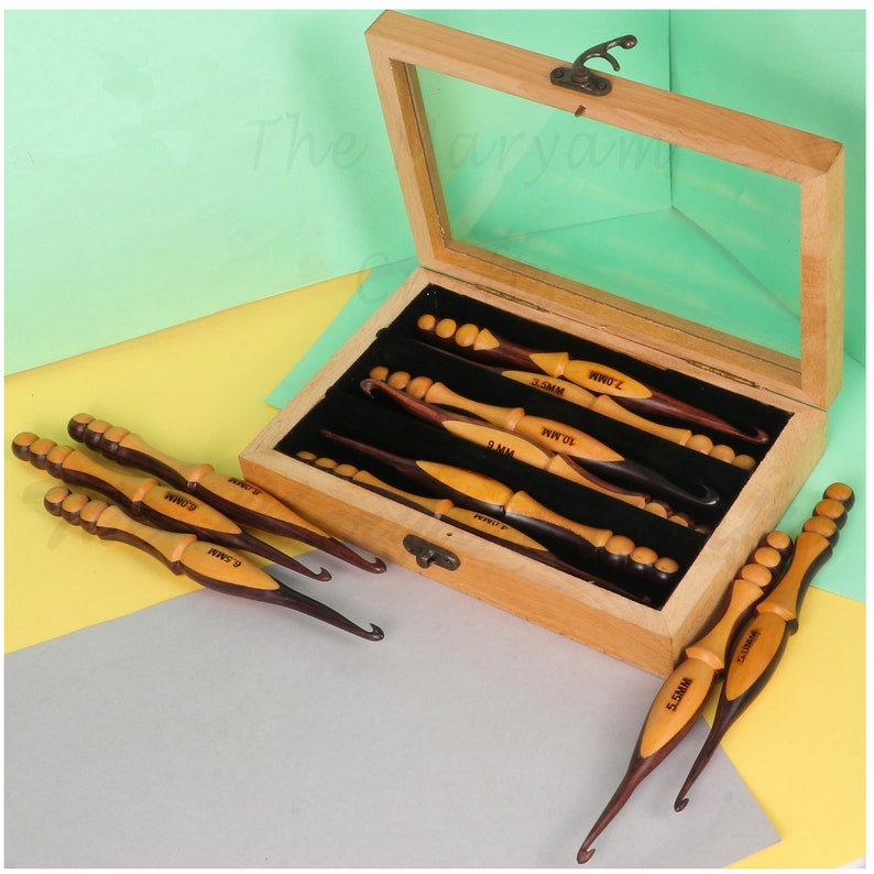 Crochet Hooks Set of 10 in Rosewood and Haldu wood, Ergonomic Handle Crochet Hooks Set, Available with Organizer Mother's day Gift Hook Set & Box