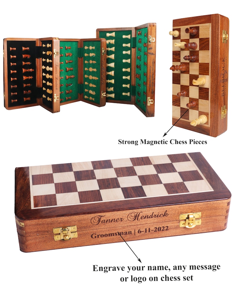 May include: A wooden chess set with a magnetic board and pieces. The set is shown open, revealing the pieces stored in felt-lined compartments. The set is engraved with the name "Tanner Hendrick" and the text "Groomsman | 6-11-2022".