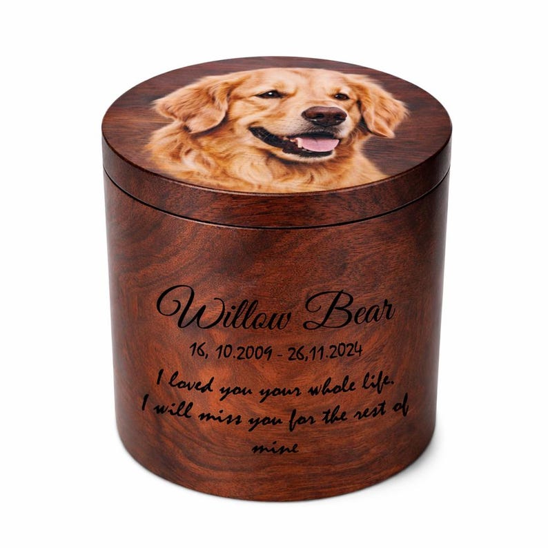 Custom Pet Portrait Urn for Dogs & Cat Ashes with Photo, Rosewood Cremation Keepsake Photo Print Top+Wood