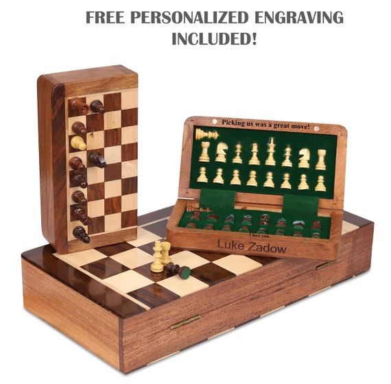 Personalized Magnetic Wooden Chess Set: Folding Travel Board with Extra Queens, Handmade Birthday Gift