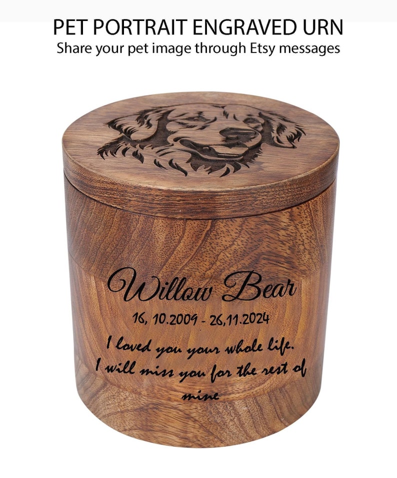 Custom Pet Portrait Urn for Dogs & Cat Ashes with Photo, Rosewood Cremation Keepsake image 1
