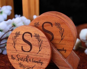 Custom Wood Coasters, Personalized Wooden Coaster Set w/ Engraved Wreath for Wedding Gift or Bridal Shower Gift, FAMILY NAME MONOGRAM