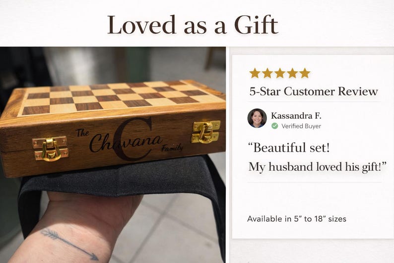 Personalized Magnetic Wooden Chess Set: Folding Travel Board with Extra Queens, Handmade Birthday Gift image 13