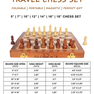 May include: A wooden travel chess set with a chessboard and chess pieces. The set includes sizes from 5" to 18". The board is brown with light wood squares. The chess pieces are light and dark wood. The text "TRAVEL CHESS SET" is at the top.