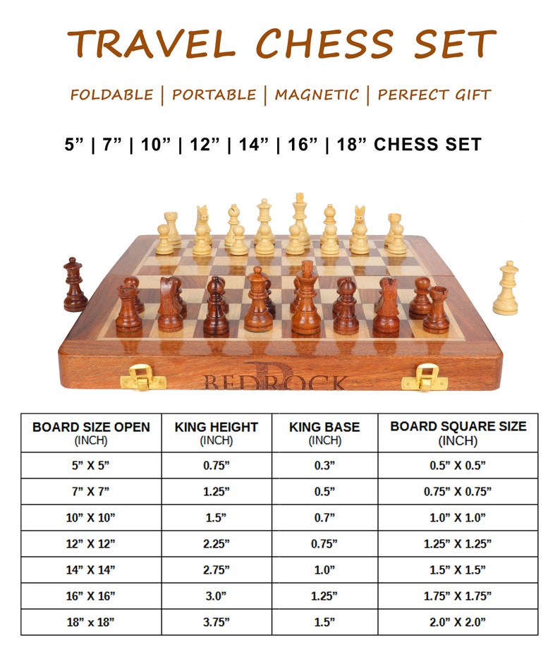 May include: A wooden travel chess set with a chessboard and chess pieces. The set includes sizes from 5" to 18". The board is brown with light wood squares. The chess pieces are light and dark wood. The text "TRAVEL CHESS SET" is at the top.