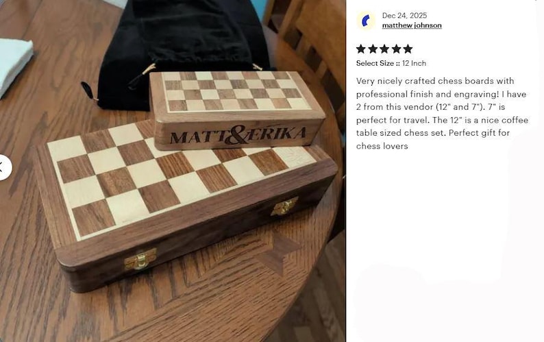 Personalized Magnetic Wooden Chess Set: Folding Travel Board with Extra Queens, Handmade Birthday Gift image 15