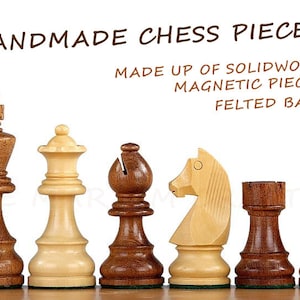 May include: Handmade chess pieces made of solid wood with magnetic properties and a felted base. The set includes a king, queen, bishop, knight, rook, and pawn. The pieces are brown and natural wood tones.