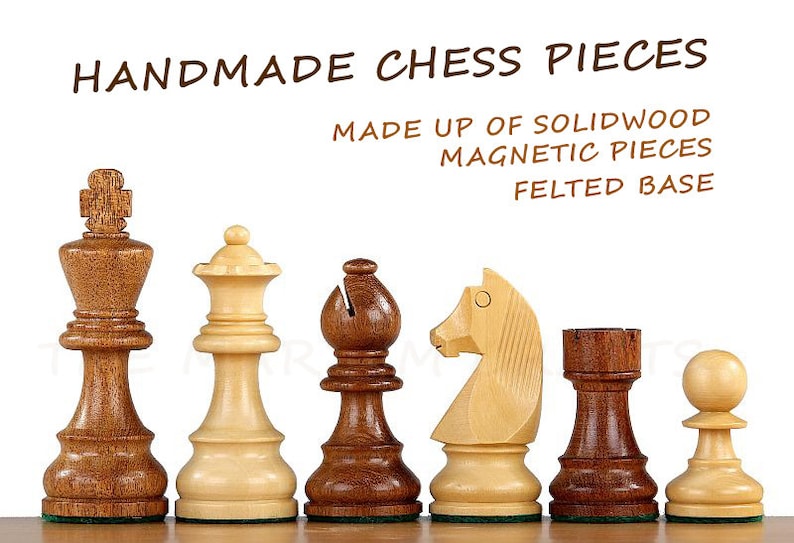May include: Handmade chess pieces made of solid wood with magnetic properties and a felted base. The set includes a king, queen, bishop, knight, rook, and pawn. The pieces are brown and natural wood tones.