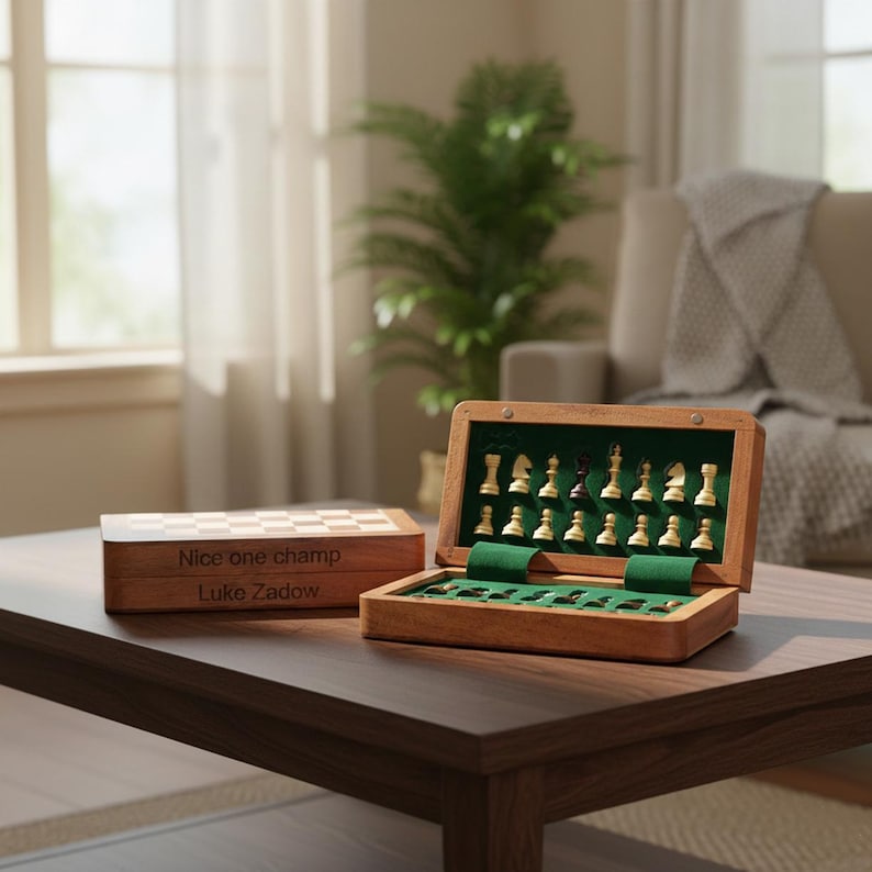 Personalized Magnetic Wooden Chess Set: Folding Travel Board with Extra Queens, Handmade Birthday Gift image 4