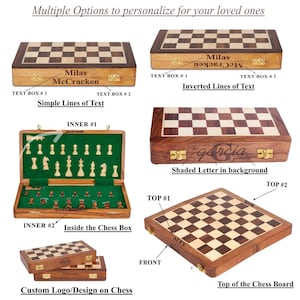 May include: Wooden chess sets with personalized text options. The sets feature a checkerboard design and come in various styles, including options for custom logos and designs. The chess pieces are visible inside the open chess box.