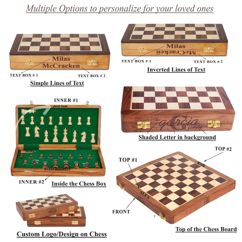 May include: Wooden chess sets with personalized text options. The sets feature a checkerboard design and come in various styles, including options for custom logos and designs. The chess pieces are visible inside the open chess box.