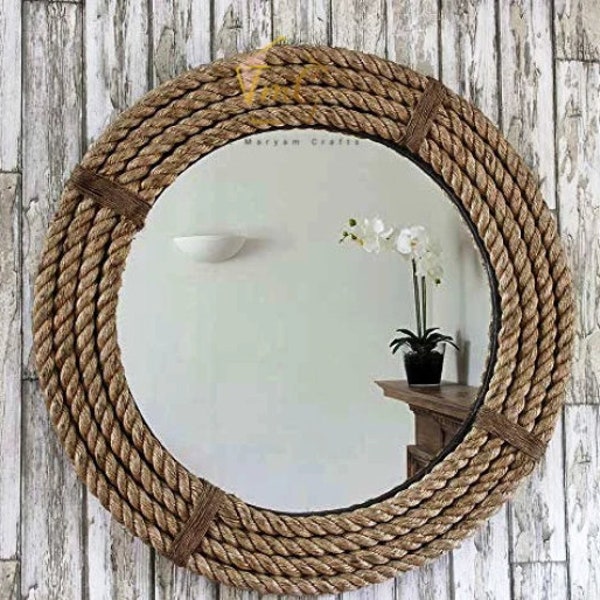 Nautical Coastal Jute Rope Wall hanging Mirror, Home Decor, Round Mirror for Bathroom, Rustic Wall Decor, porch décor idea, Wall Art.