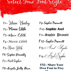 May include: A red and white watercolor background with a list of 15 different font styles. The font styles are labeled with numbers and names, such as "Lilian Bailey", "Moxie Lilith", and "Sophie Axel".