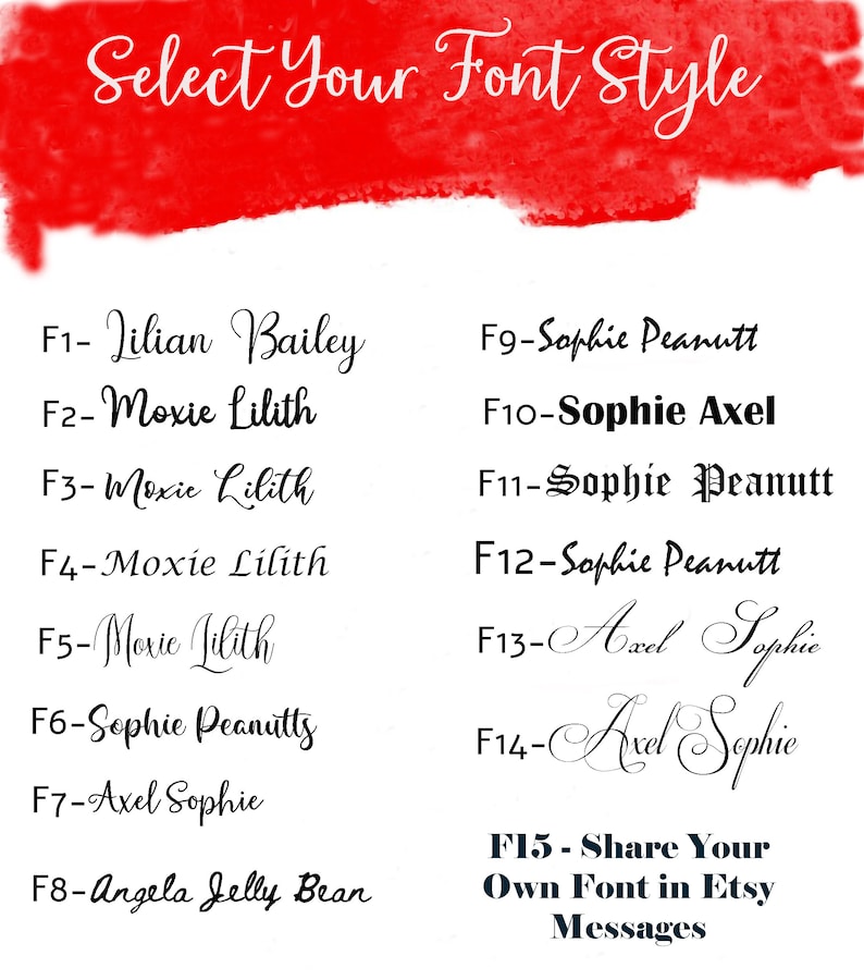 May include: A red and white watercolor background with a list of 15 different font styles. The font styles are labeled with numbers and names, such as "Lilian Bailey", "Moxie Lilith", and "Sophie Axel".