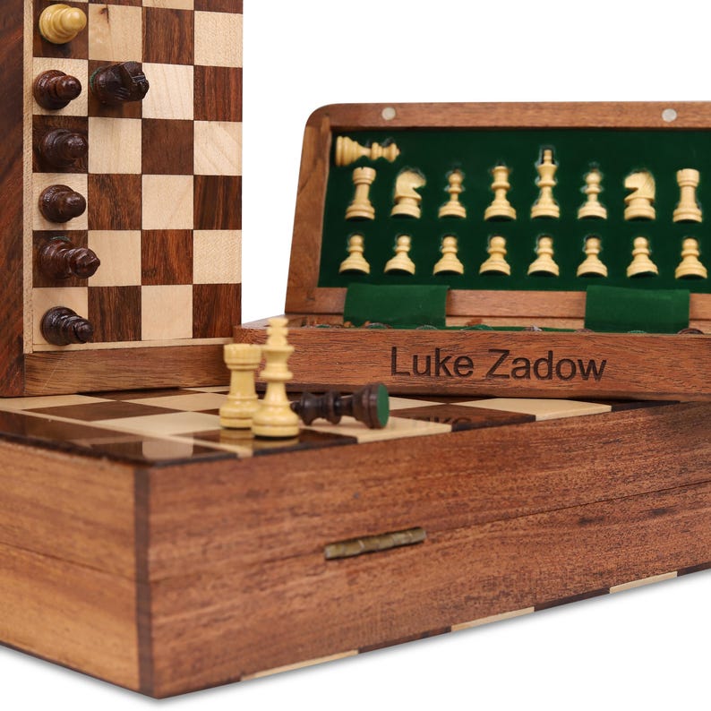 Personalized Magnetic Wooden Chess Set: Folding Travel Board with Extra Queens, Handmade Birthday Gift image 16
