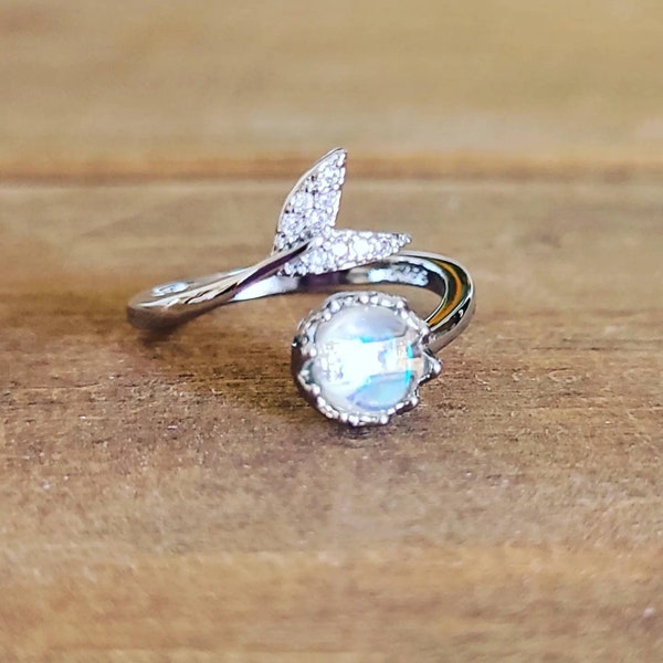 Mermaid Ring, Rainbow Stone, Adjustable Ring, Silver Plated Ring, Mermaid Ring, Unique Ring, Opalite Mermaid Ring, Silver Mermaid Ring